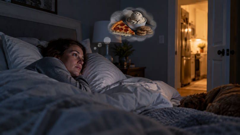 Woman laying in bed thinking of pizza and other foods that shes craving