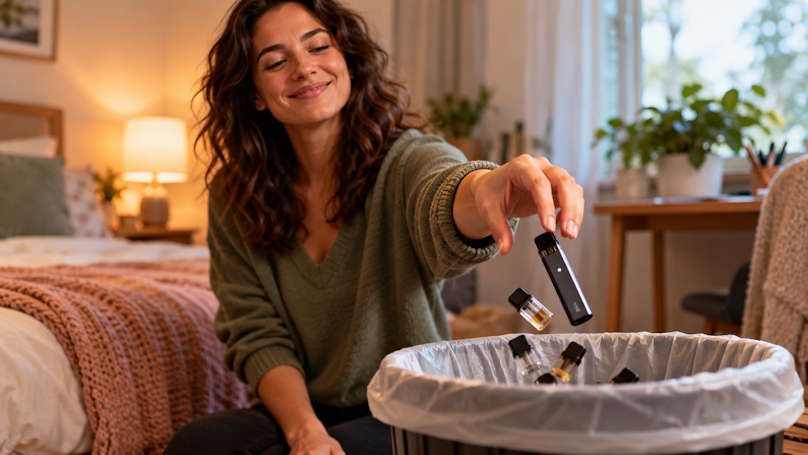Woman throwing away her vape and refills quitting vaping