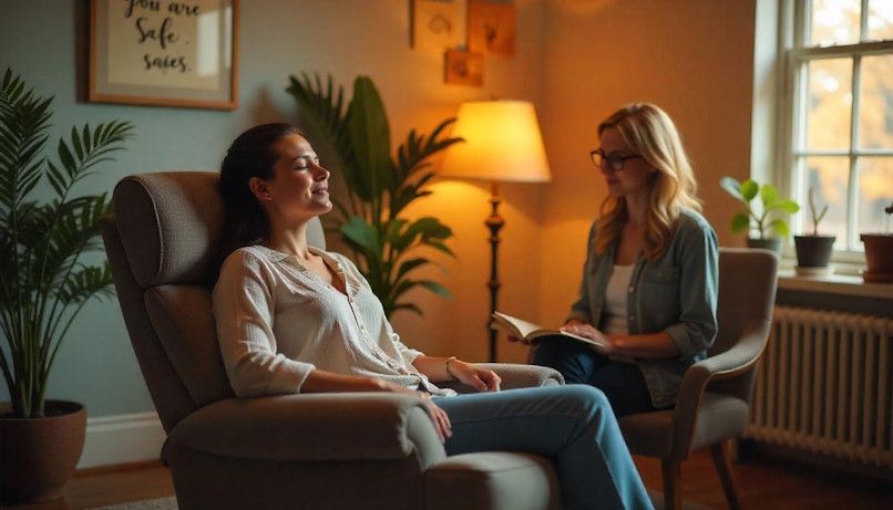 A woman is sitting in a chair talking to her hypnotherapist.