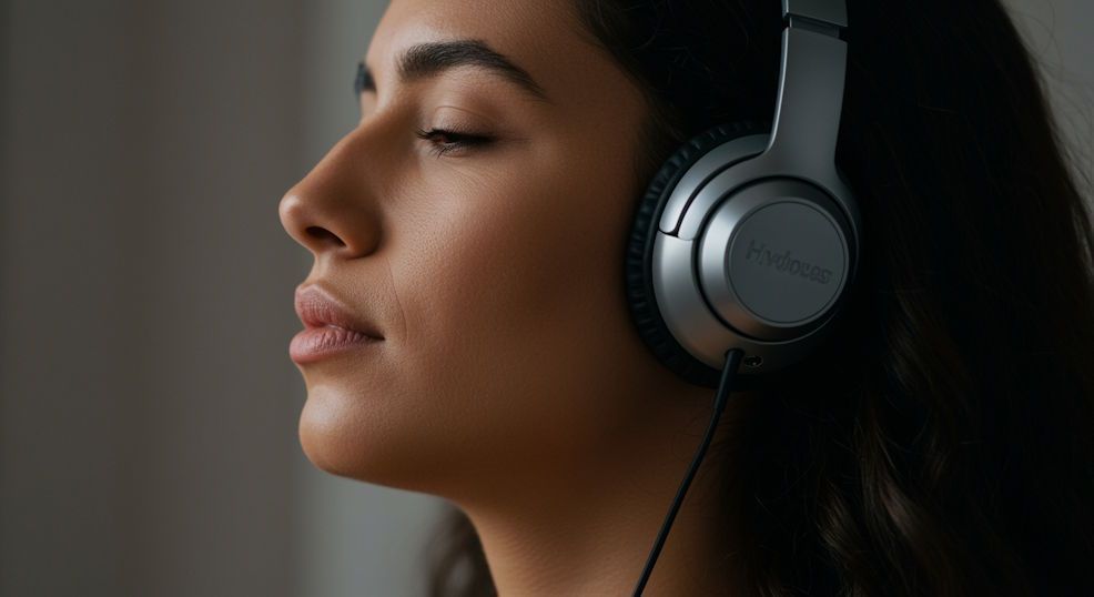 close-up of relaxed OKC woman with headphones during virtual hypnosis