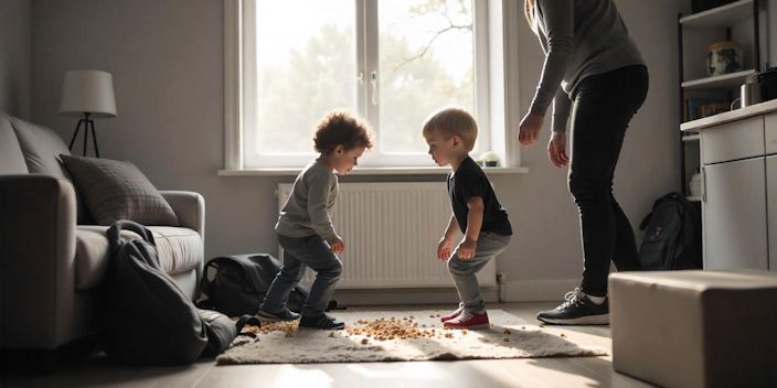 mom trying to get her kids ready for school but they spilled cereal all over the floor