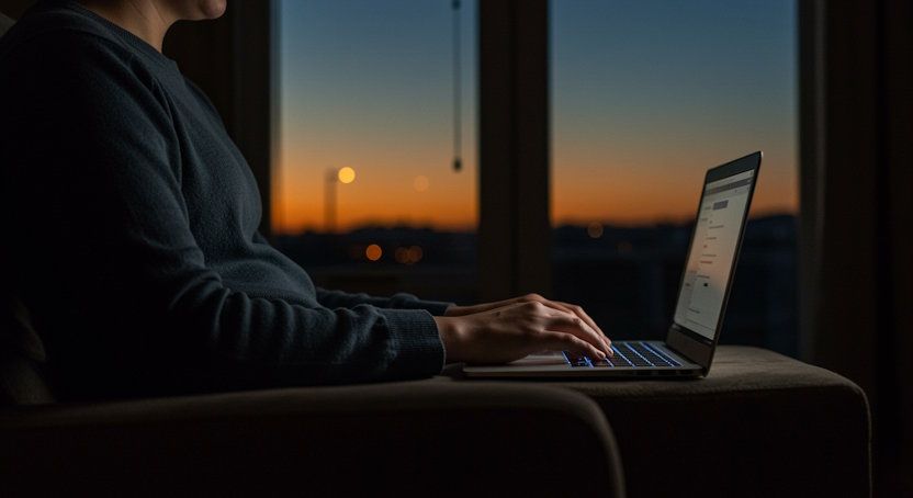 man in Oklahoma City metro at home, using his laptop to take the first step toward remote hypnosis help, evening calm