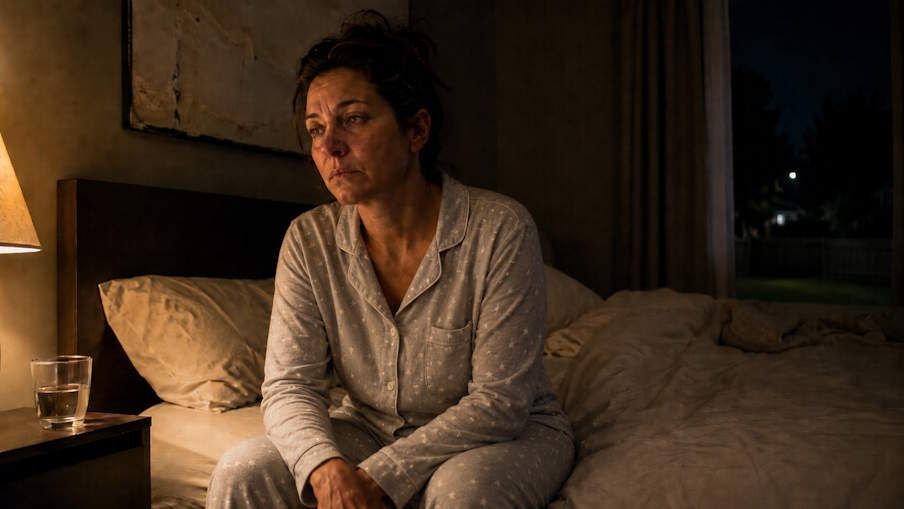 okc woman sitting quietly on the edge of her bed at night, very tired and exhausted unable to sleep 