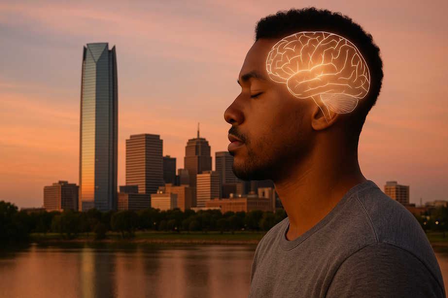 Relaxing Oklahoma City skyline, with a man standing there experiencing a mind-body connection