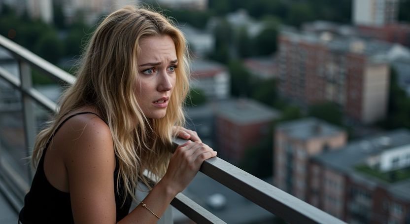 woman afraid of heights with fear of expression on her face as she stands on her apartment balcony in OKC