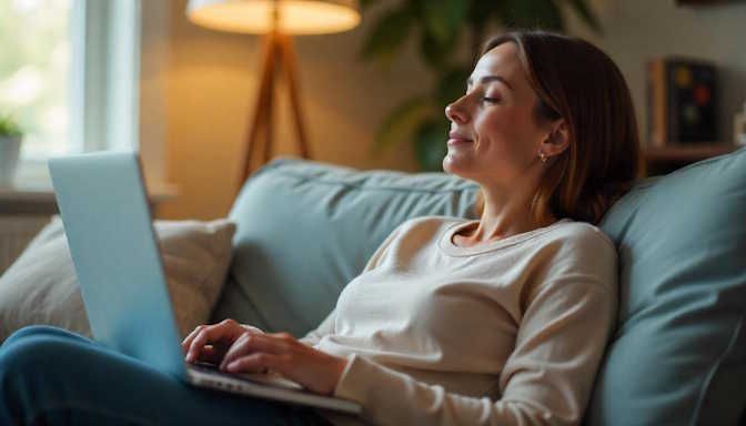 woman at her home in Oklahoma City in the middle of a telehealth hypnotherapy session with Oklahoma City Elite Hypnosis
