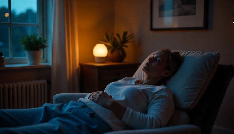 woman finally able to get sleep laying down sleeping in her comfy chair
