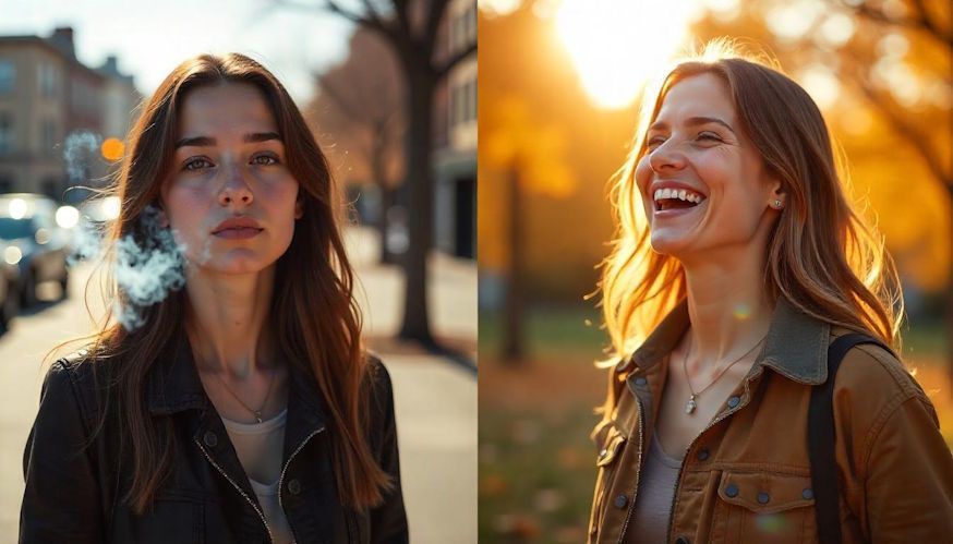 A split screen photo on one side with a woman smoking, the other side visualizing herself as a non-smoker