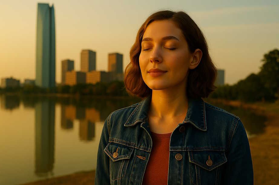 woman standing outside downtown okc finding peace through hypnotherapy