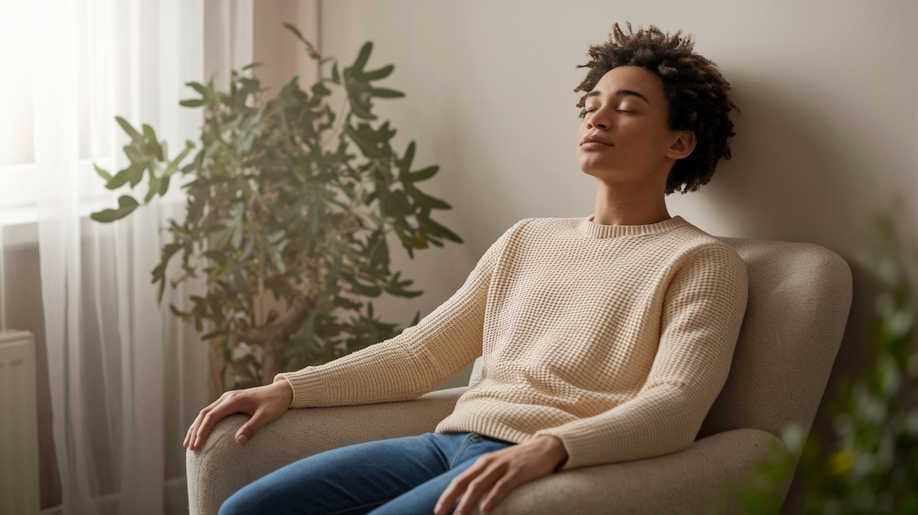 young man relaxed and sitting in a comfy chair during hypnotherapy session