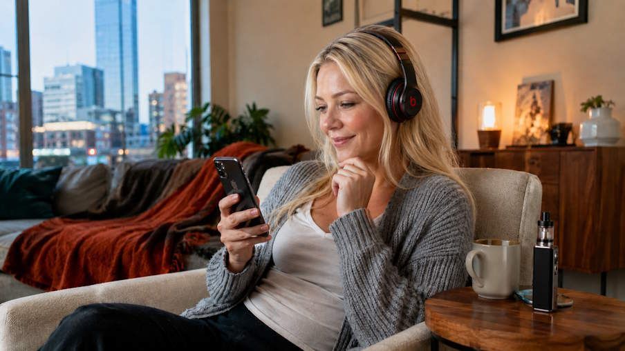 young woman from OKC sitting in her living room during a private quit vaping remote hypnosis session