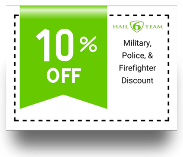 Military and 1st Responder Discount Green “10% OFF” military, police, and firefighter discount badge with dashed border