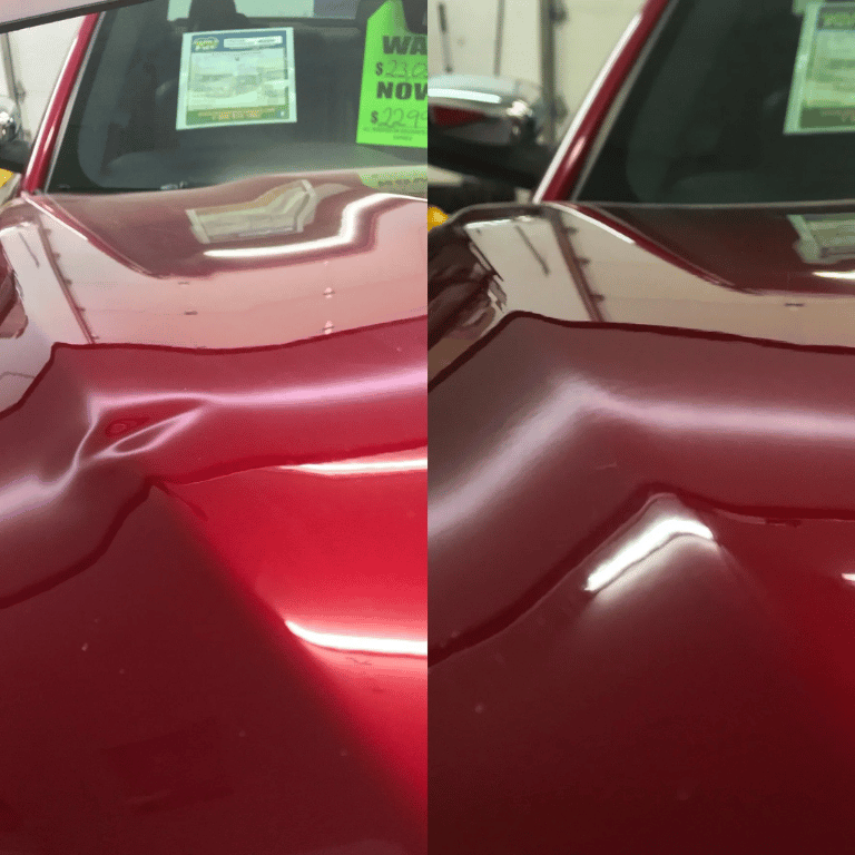 Red car hood shown in split view, with glossy paint on the left and a darker reflection on the right.