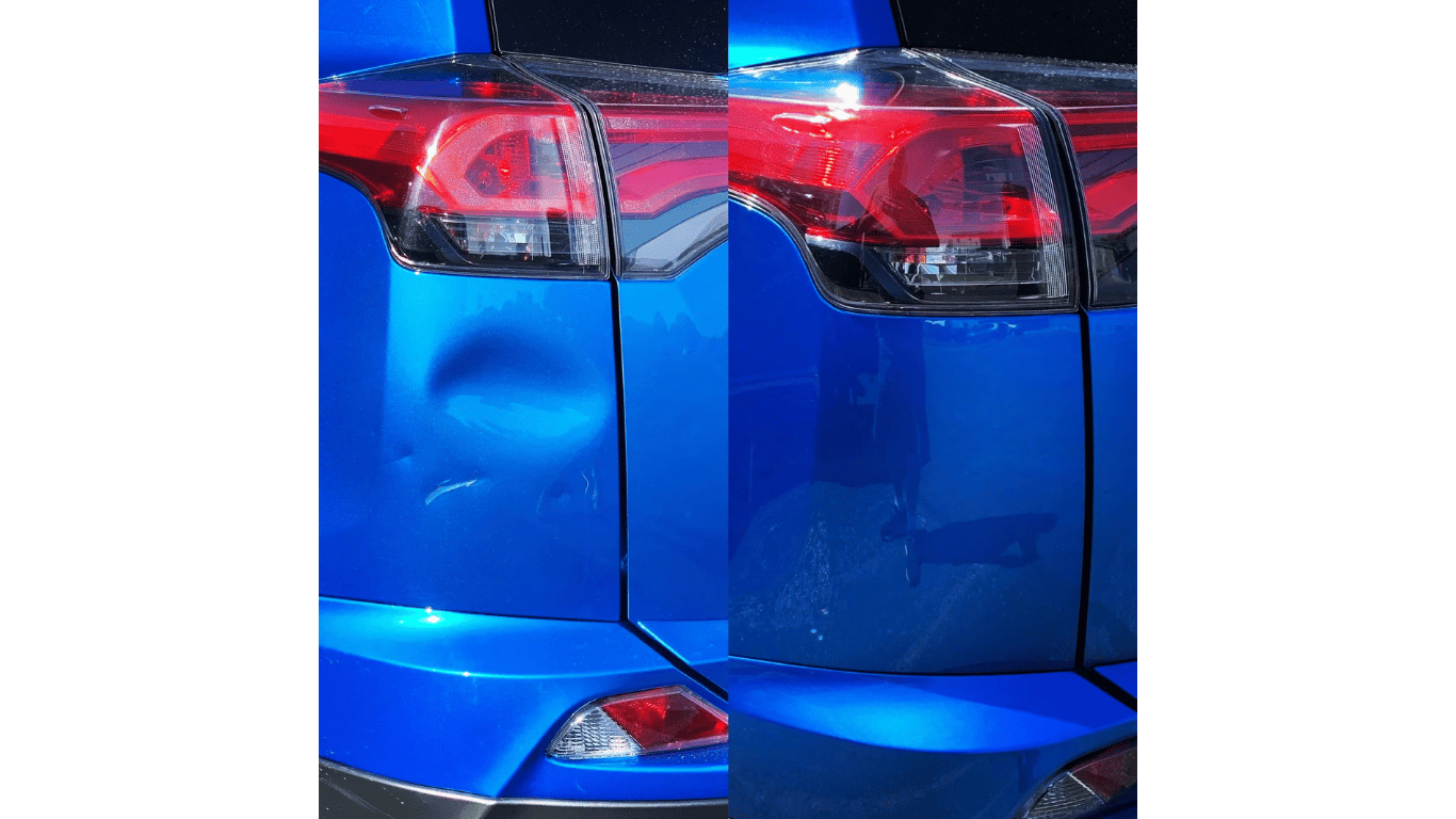 Close-up of the rear of a blue car with red taillights and a black trim line