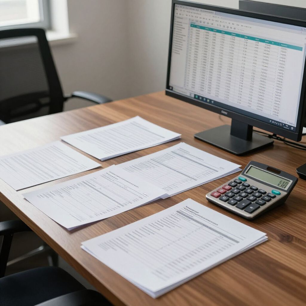 Office desk with calculator, papers, and spreadsheet open on a computer monitor