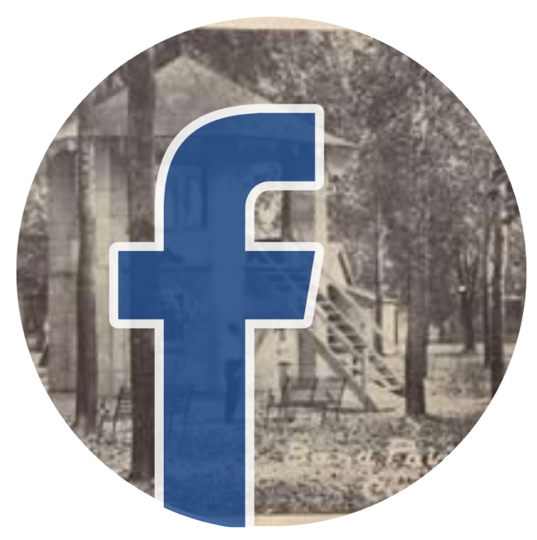Blue Facebook logo over a sepia-toned wooded background