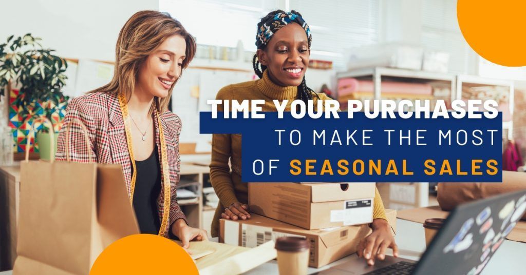 Two people packing online orders at a table with boxes and laptop, overlaid text about timing seasonal sales