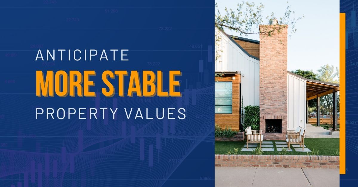“Anticipate more stable property values” text beside a modern brick house on a blue background