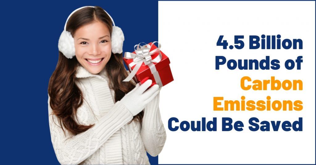 Woman in white sweater holding a red gift box beside text: “4.5 Billion Pounds of Carbon Emissions Could Be Saved”