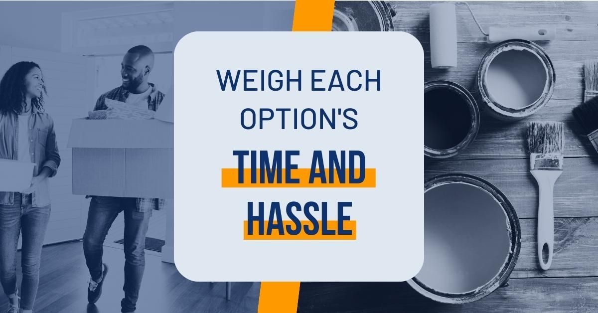 Graphic reading “Weigh each option’s time and hassle” over a blue-toned weighing scale background.