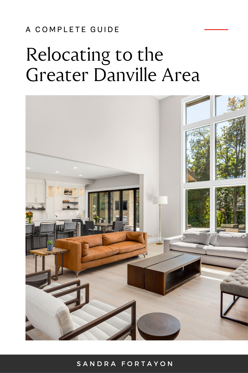 Guide cover: “Relocating to the Greater Danville Area” with a modern living room interior.