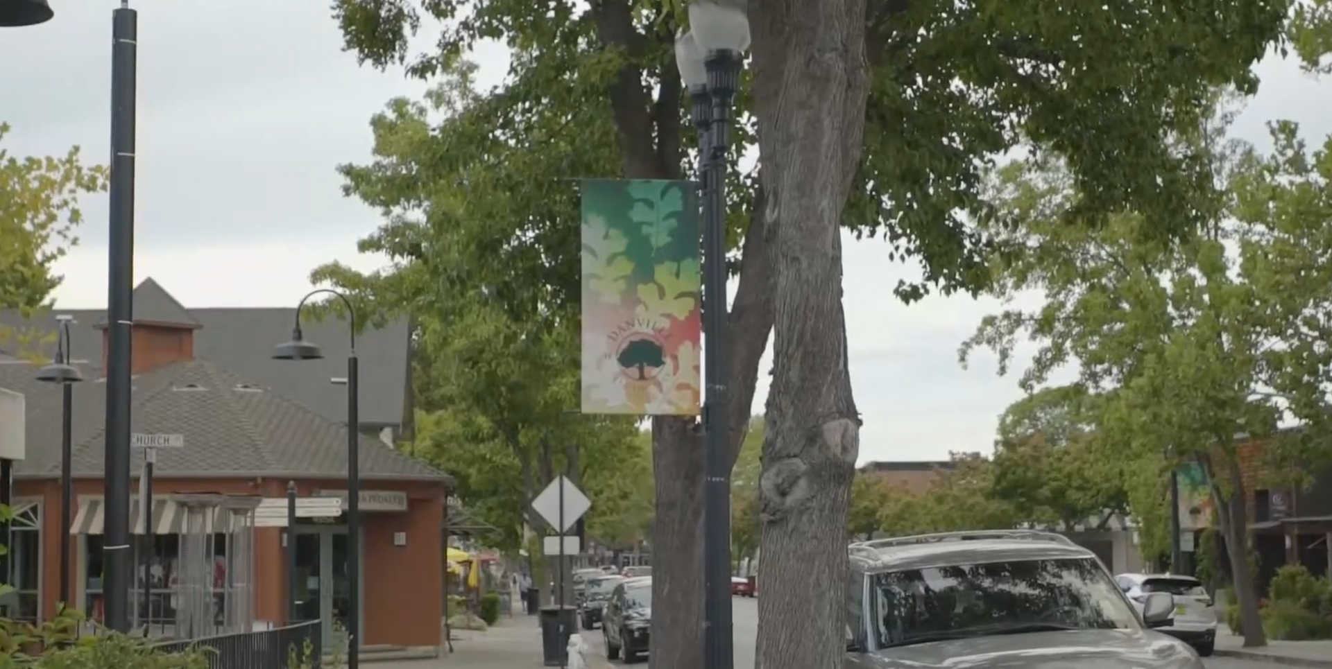Tree-lined street with a hanging banner, sidewalk, and parked car in a small town area.