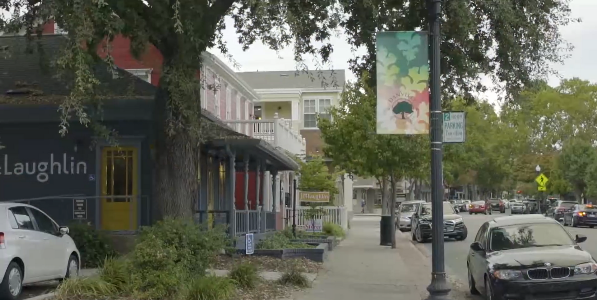 Tree-lined street with parked cars, storefronts, and hanging banners on an overcast day