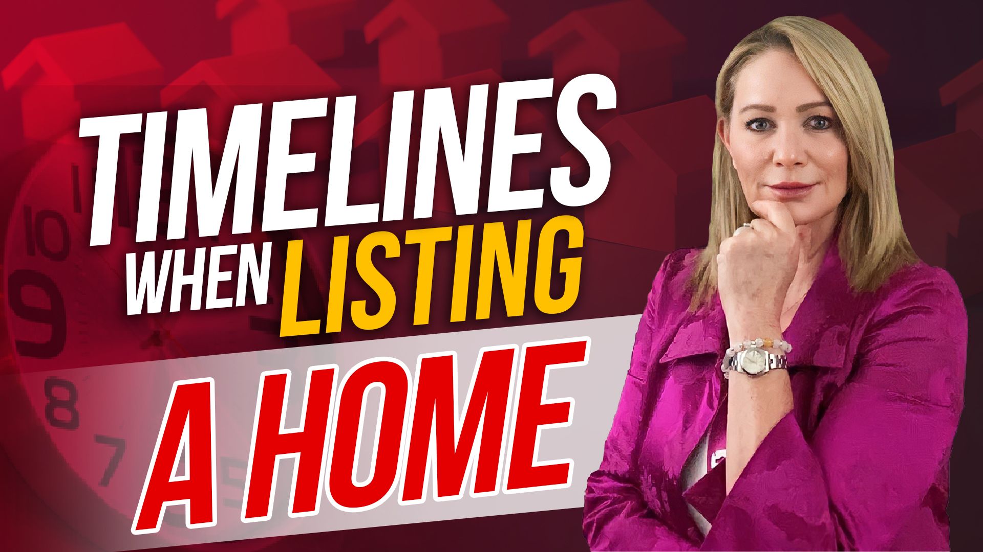 Timeline text over red clock background with a woman in a pink blazer posing on the right