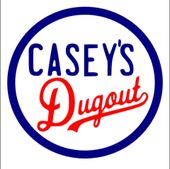 A logo for casey 's dugout in blue and red