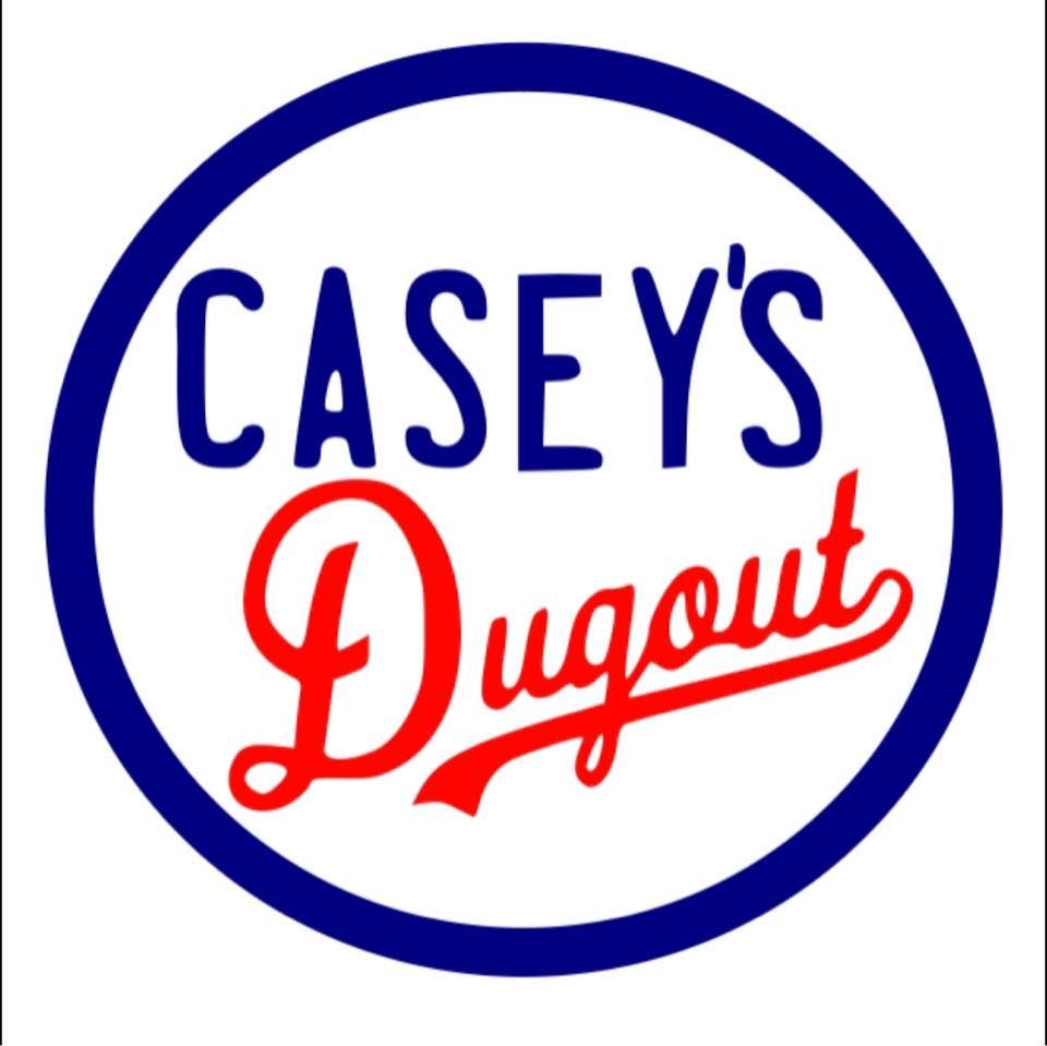 A logo for casey 's dugout in blue and red