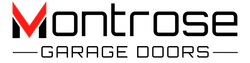 Logo for "Montrose Garage Doors" with a stylized red and black "M" emblem and black text on a white background.