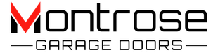 Logo for "Montrose Garage Doors" with a stylized red and black "M" emblem and black text on a white background.
