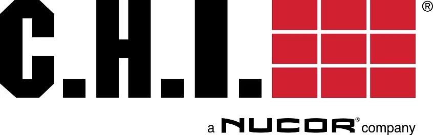 Logo for C.H.I. Overhead Doors, featuring black text and a red grid icon, with the text