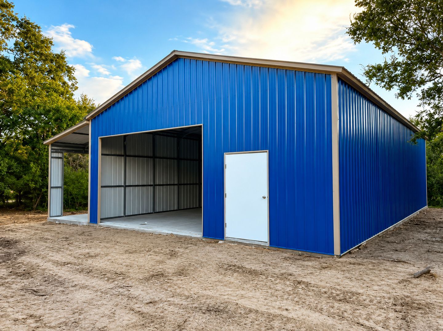 Blue metal storage shed with open bay door and white side door on a dirt lot