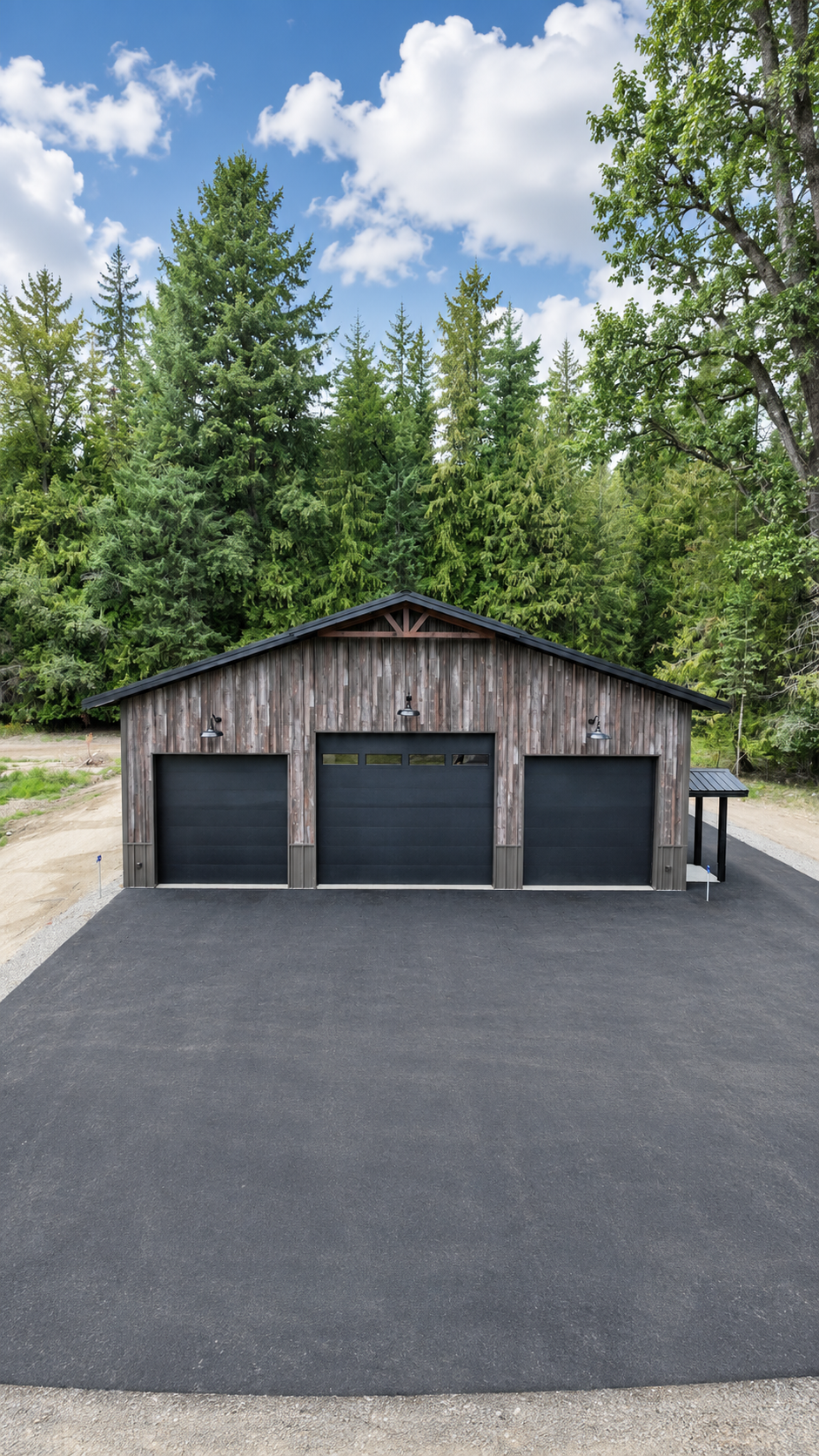 Three-car detached garage with black doors and a paved driveway, surrounded by tall trees and sky.
