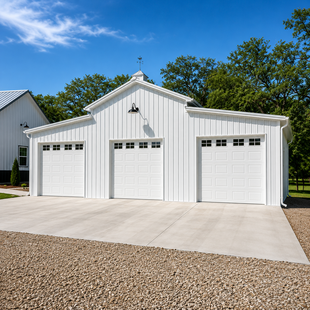 White three-bay garage with metal siding, concrete driveway, and gravel foreground under a blue sky