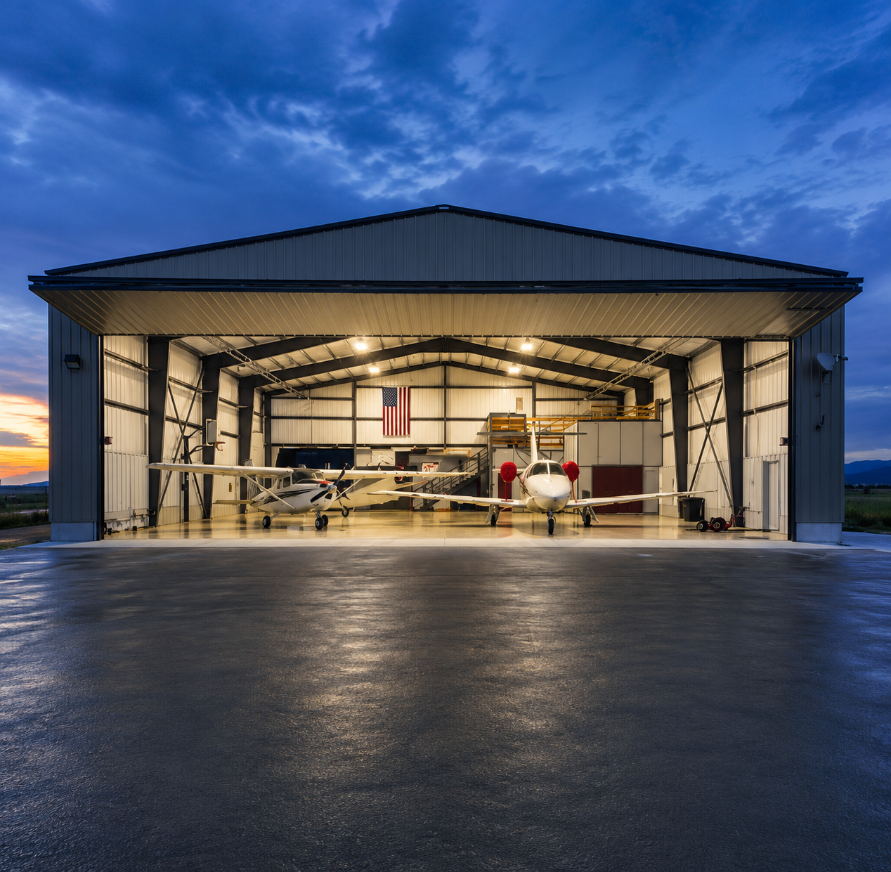 Open hangar at dusk with small aircraft and a U.S. flag inside, lit by warm interior lights