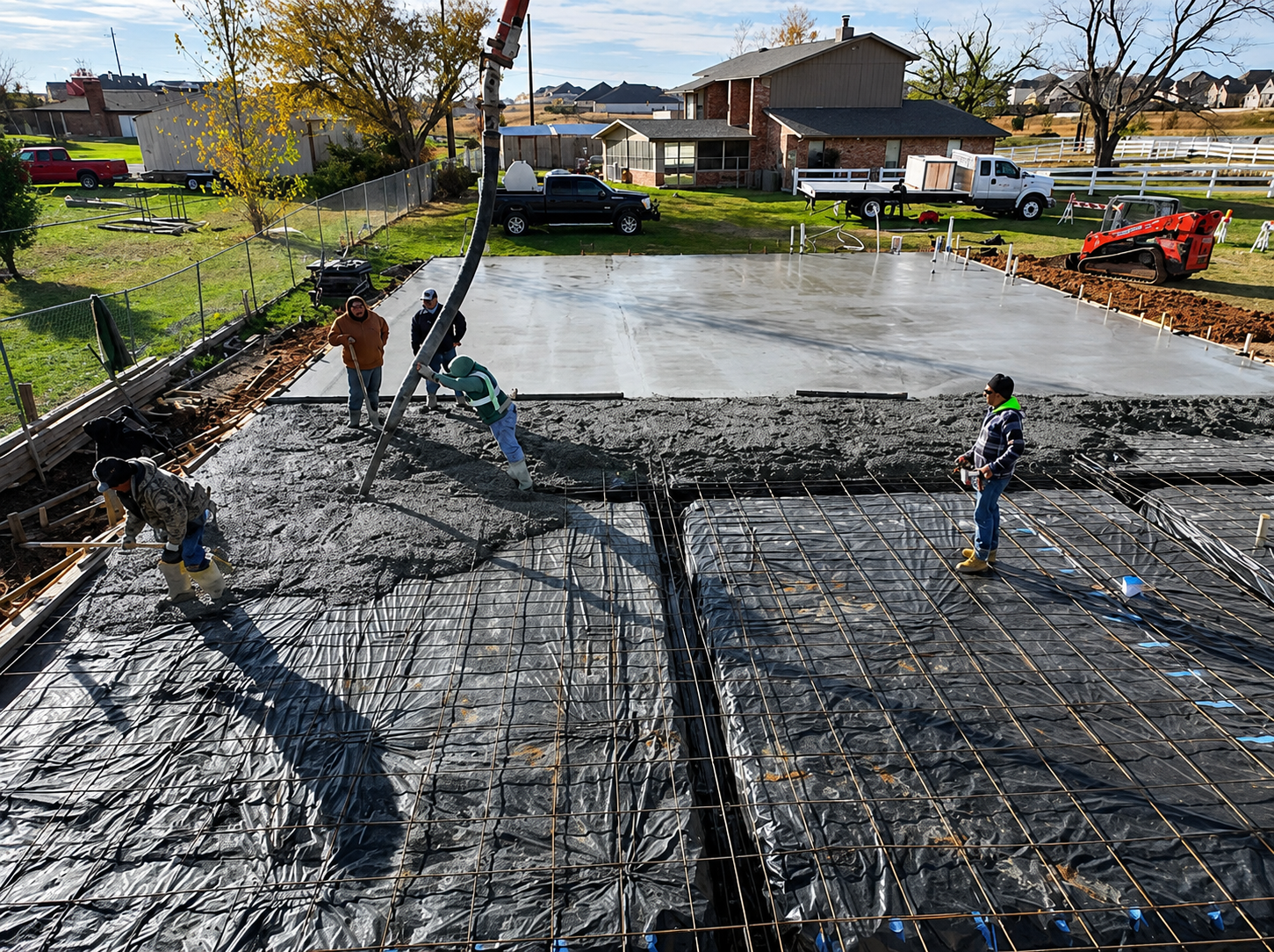 Workers pour concrete at a construction site with rebar mesh and houses in the background.