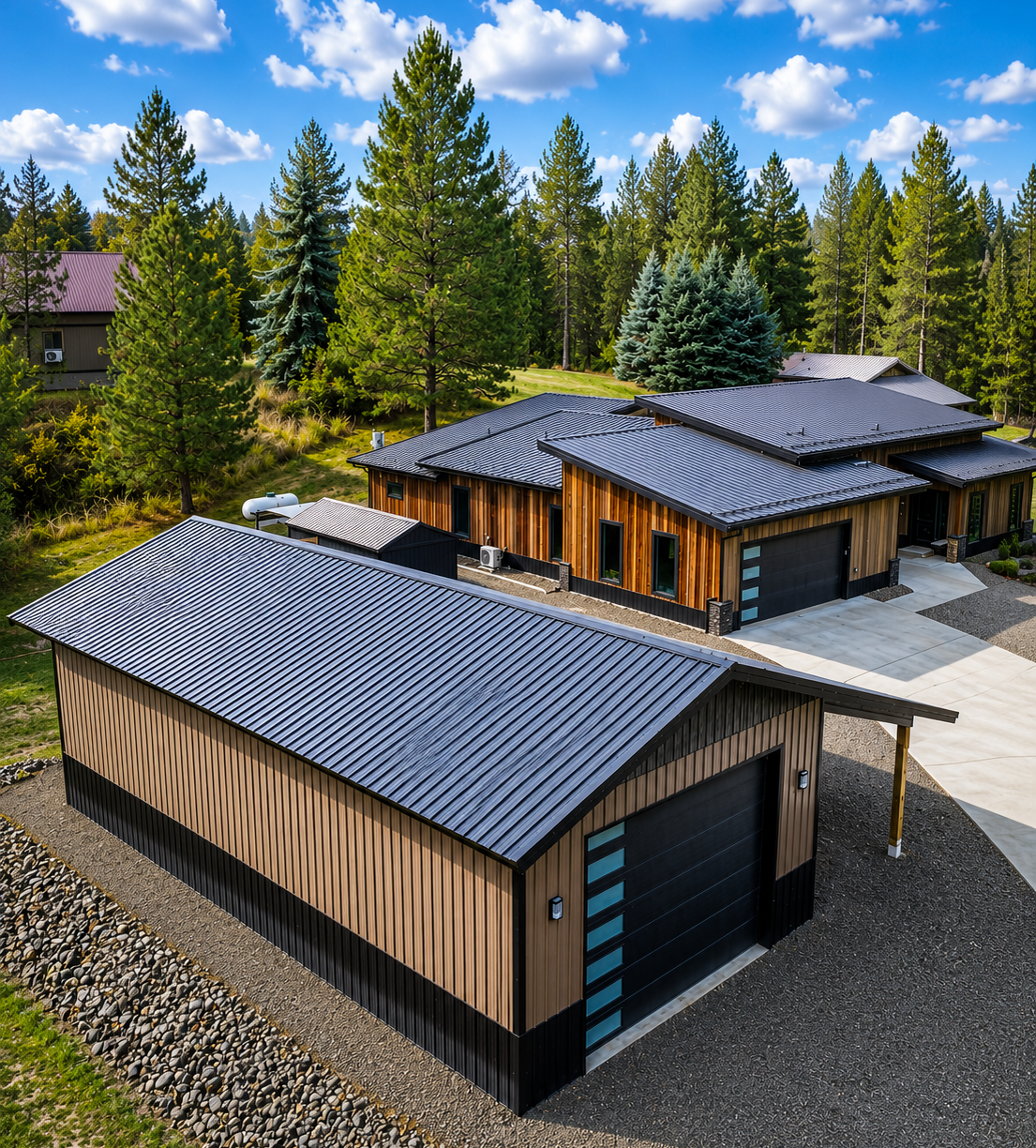 Modern cabin-style house and detached garage with dark roofs in a forested setting under a blue sky