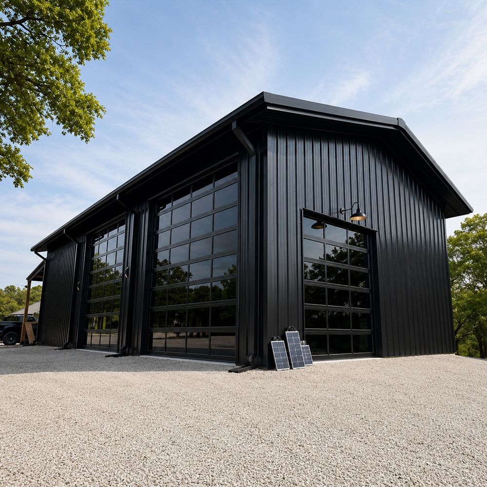 Black metal workshop with large glass garage doors on a gravel lot under a blue sky