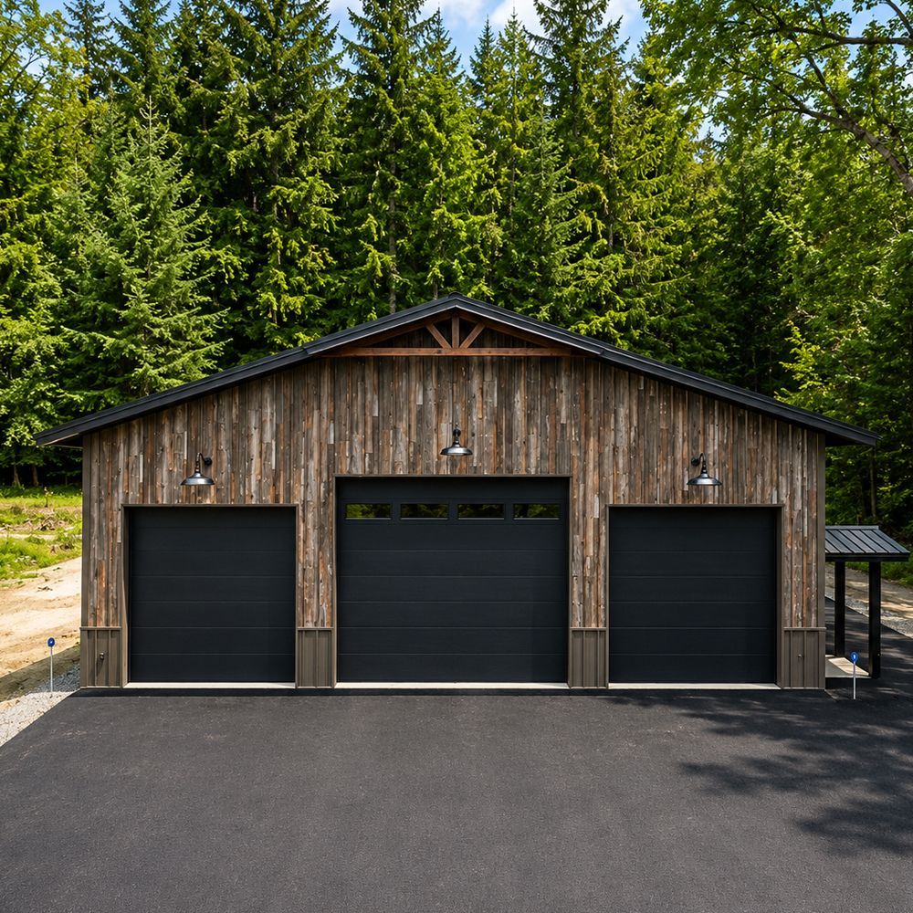 Rustic wooden three-car garage with black doors, set before a dense evergreen forest