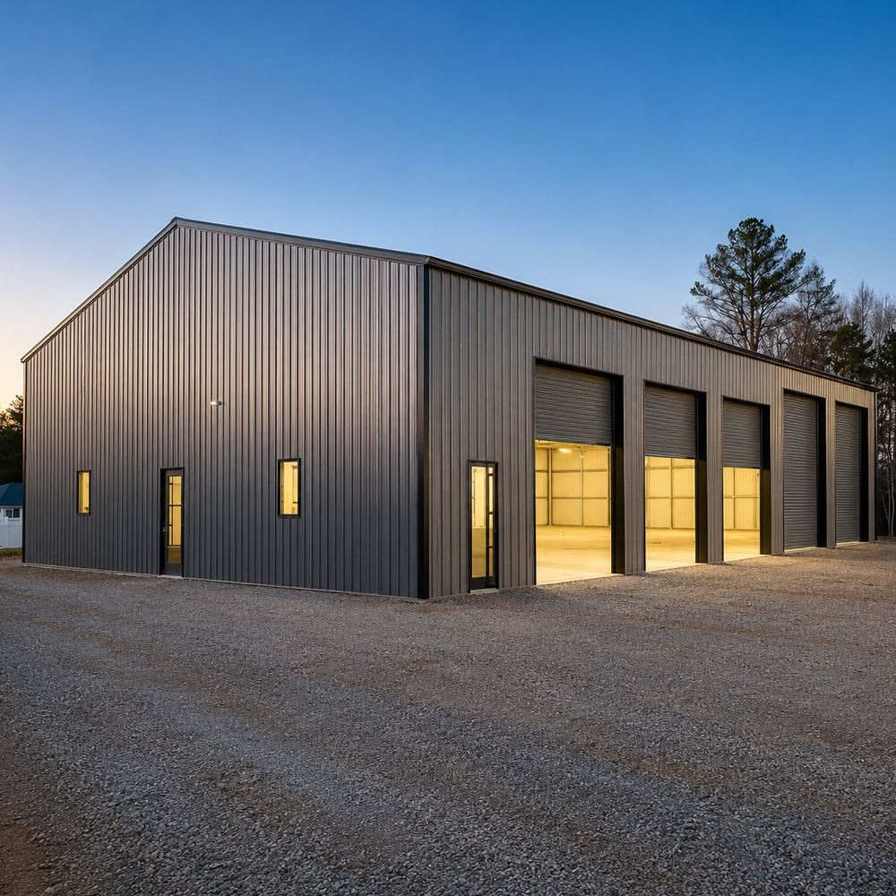 Large gray metal warehouse with lit garage doors at dusk on a gravel lot