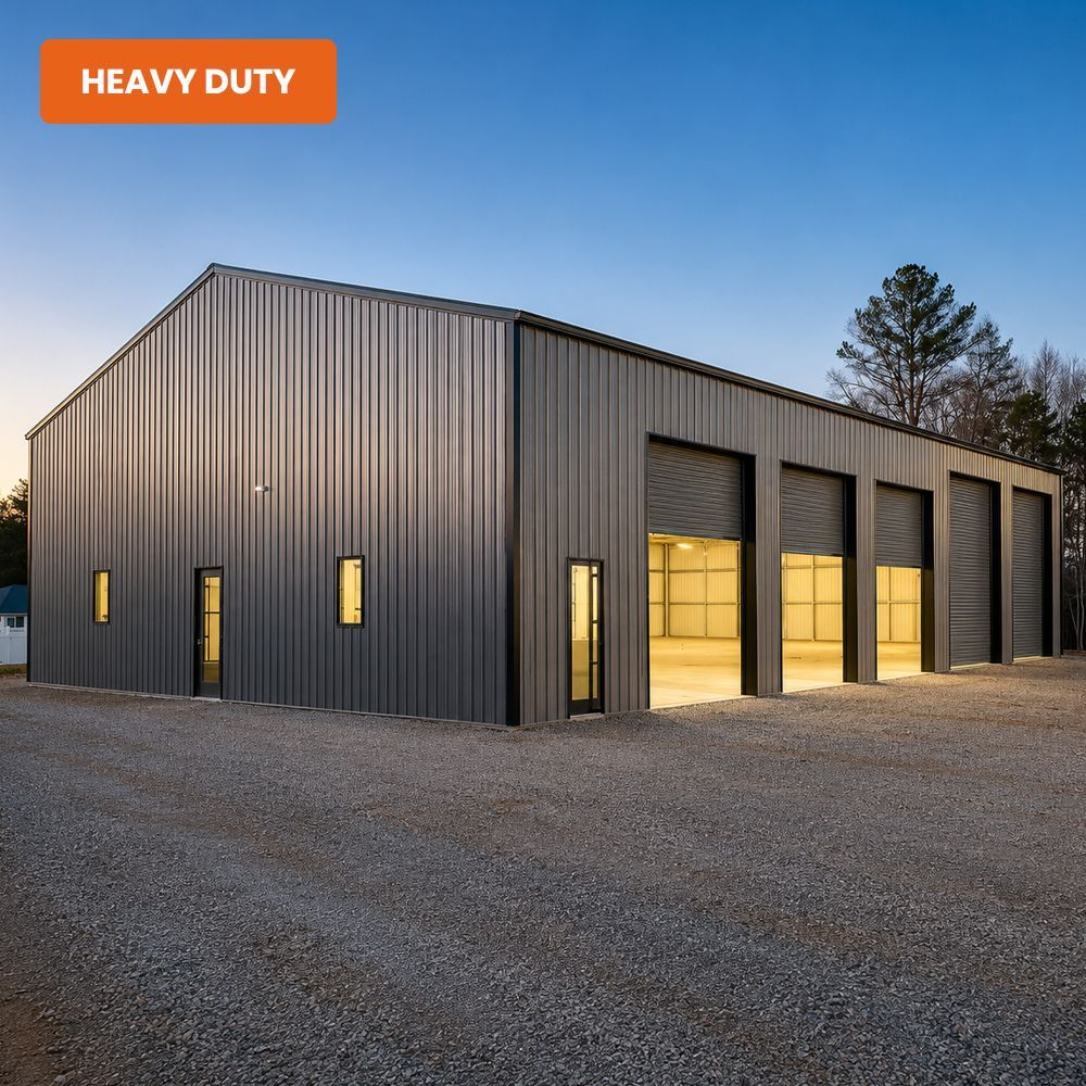 Large gray metal heavy-duty warehouse with lit garage doors at dusk