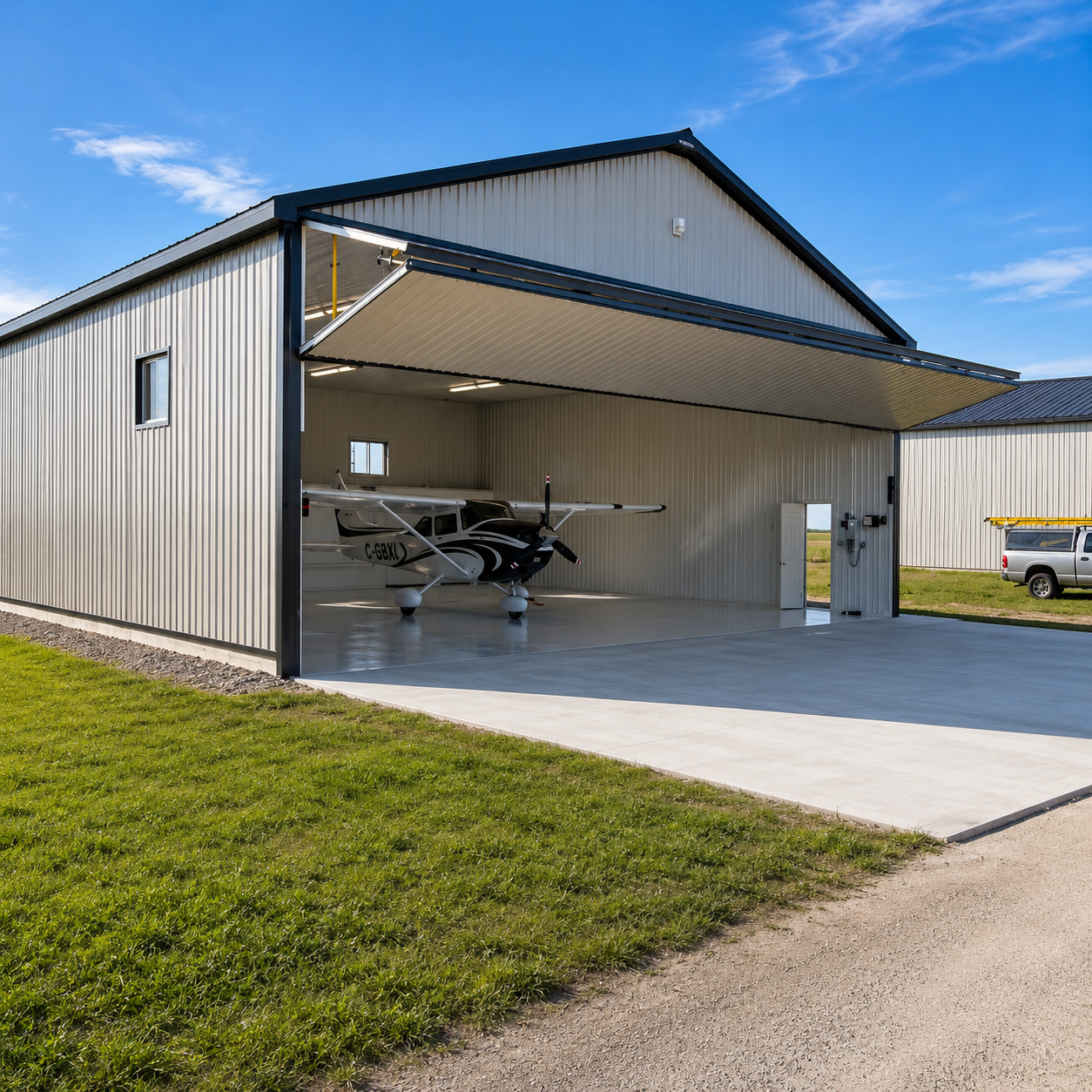 Open hangar with a small airplane inside, concrete apron, and grassy foreground under a blue sky.