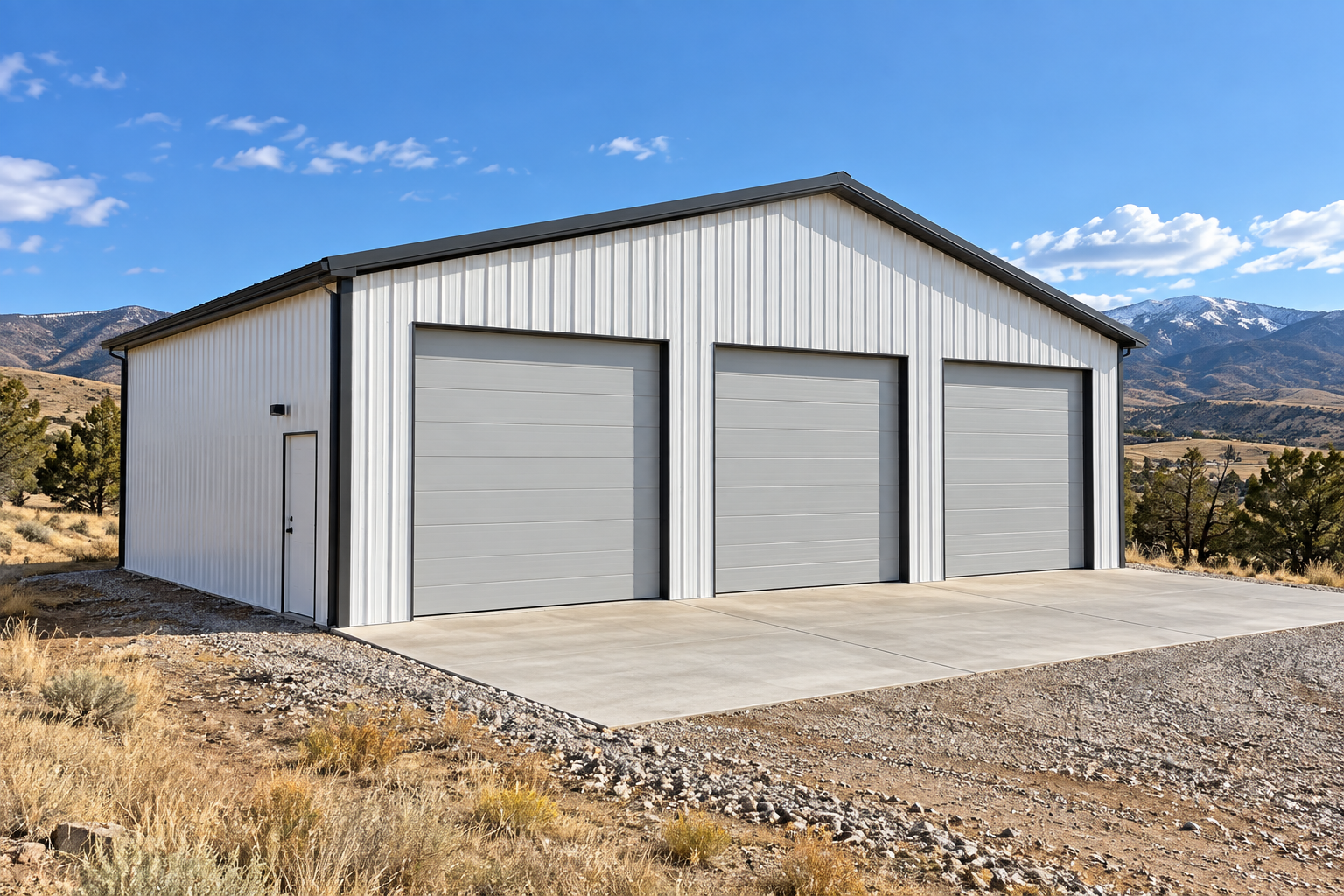 Finished white metal three-bay garage with a concrete apron at a Colorado property