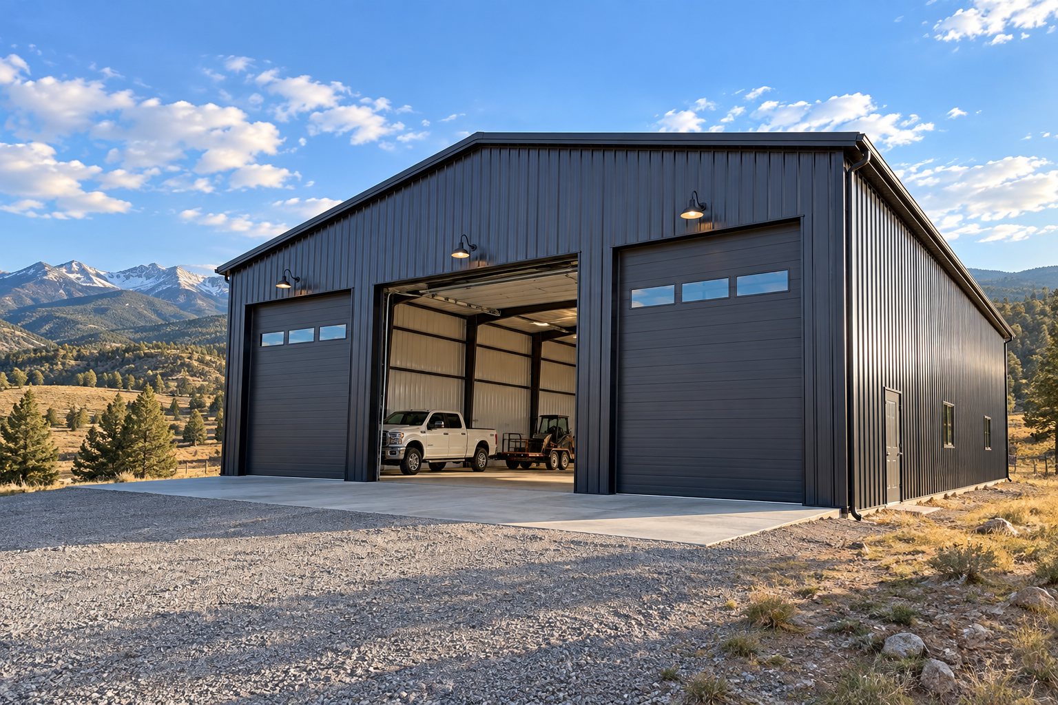 Metal garage with tall roll-up doors and a 14-foot eave for trucks and trailers