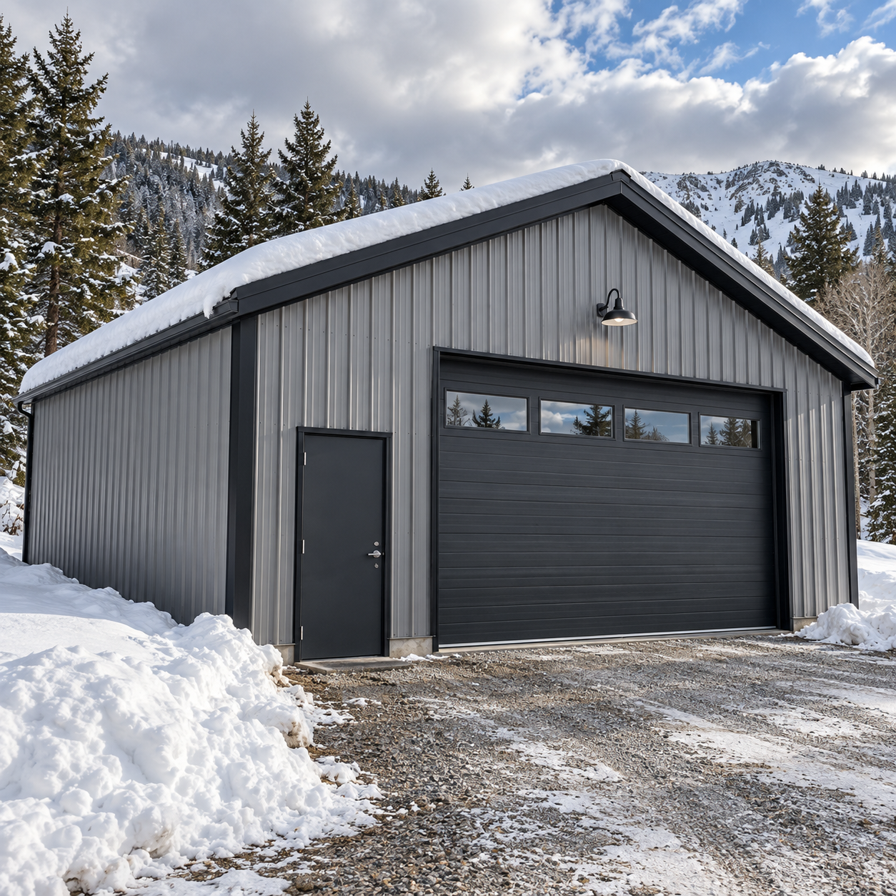 Gray steel garage carrying snow on its roof in the Colorado mountains