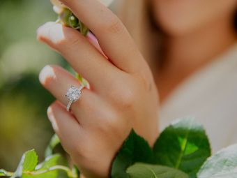 Close-up of a hand with a diamond ring, resting among green leaves.