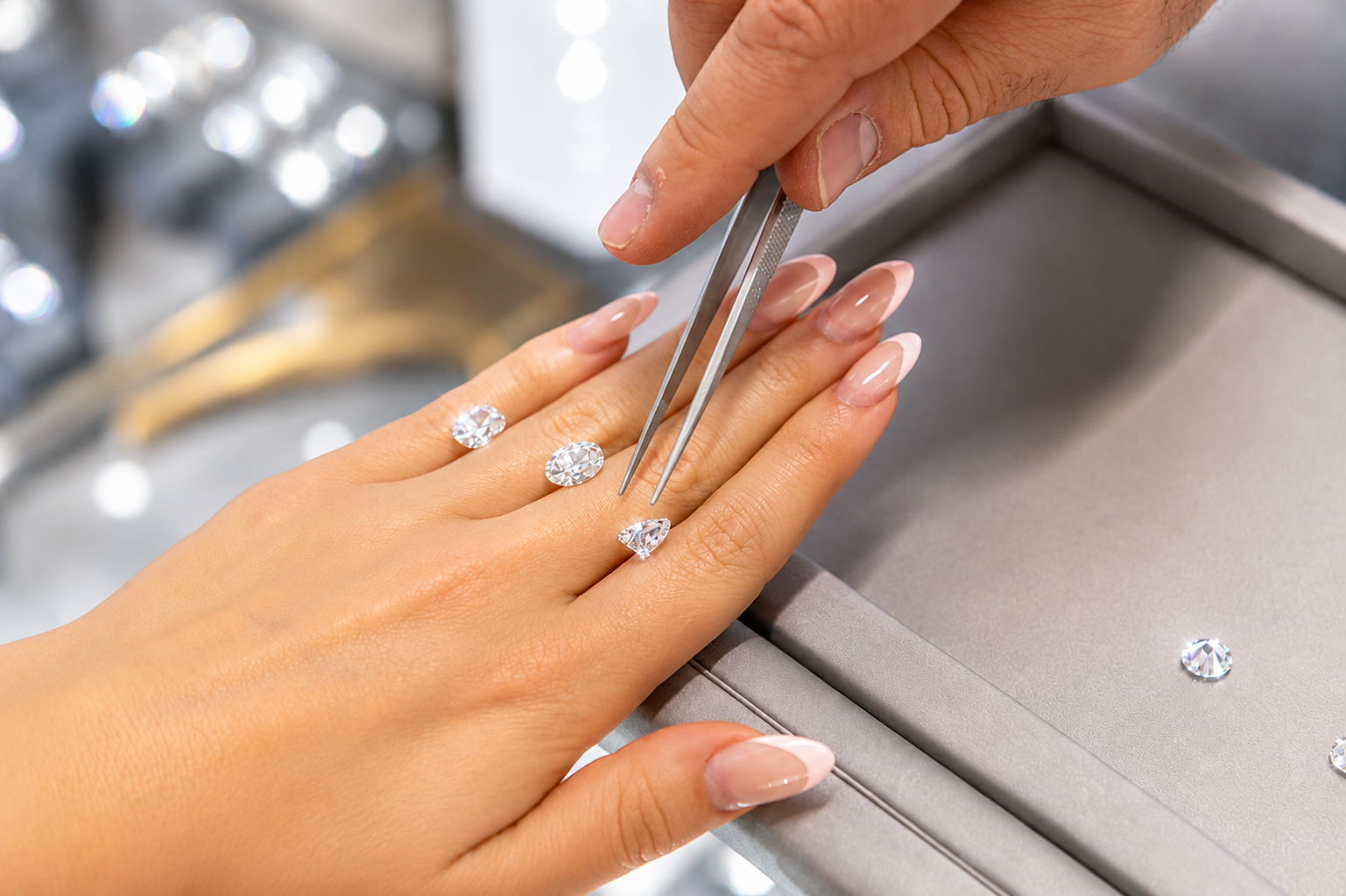 Hand getting a sparkly manicure with silver tweezers over a salon tray