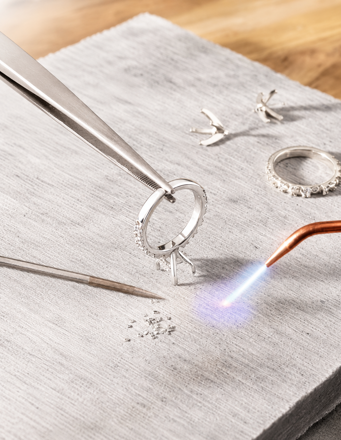 Jeweler soldering a silver ring with tweezers and a small torch on a workbench